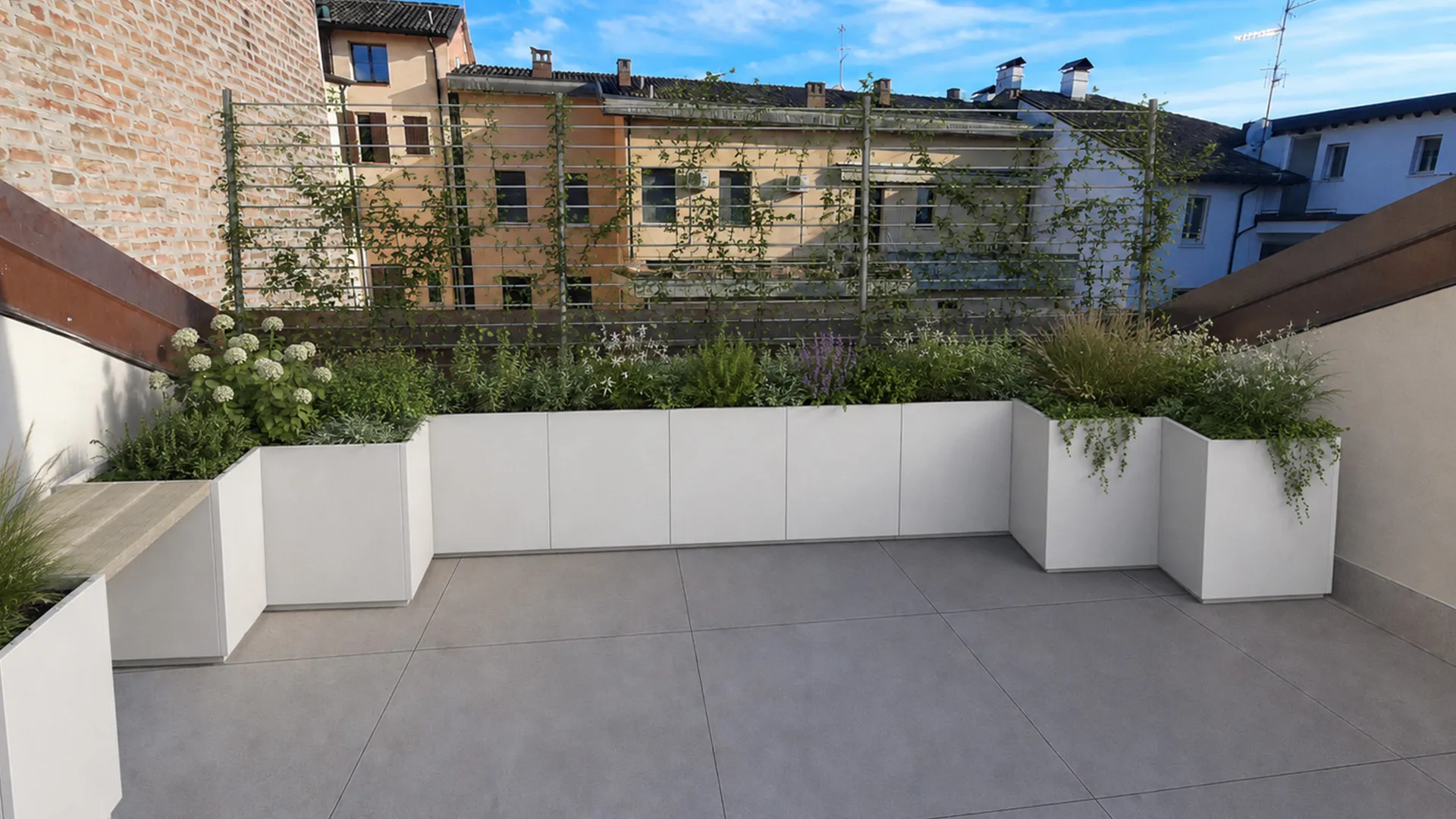 domino rendering fioriere Domino System bianco terrazzo dopo