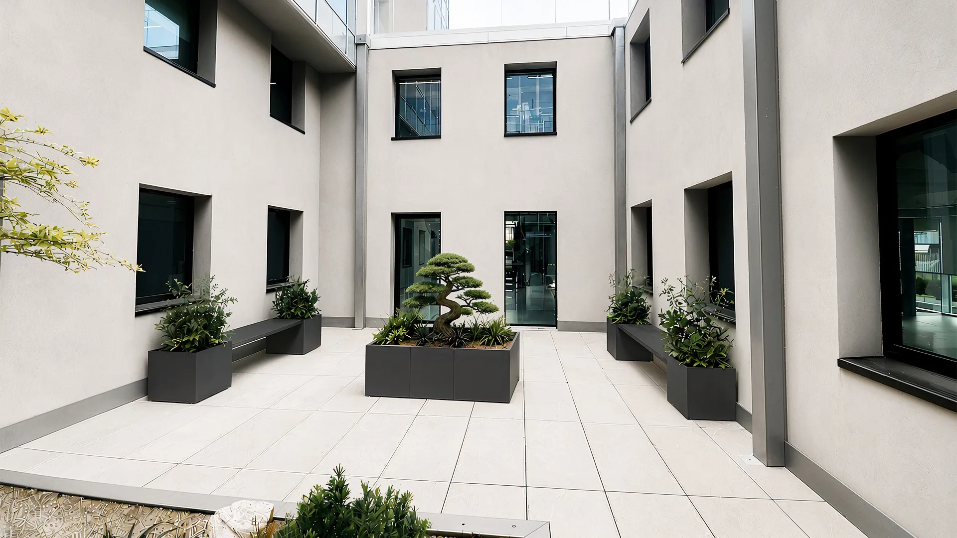 domino rendering fioriere Domino System con Panca cortile dopo